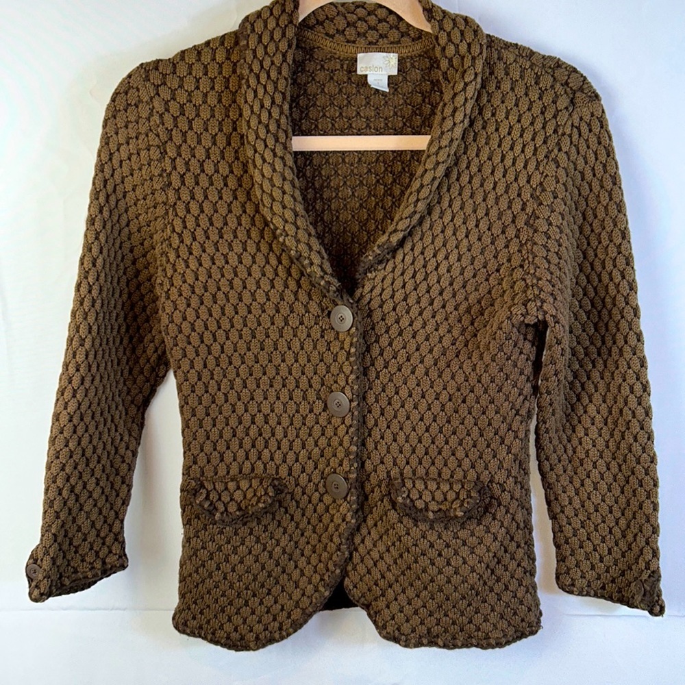 Caslon Brown Button Down Sweater Jacket Size Small Petite Two Front Pockets